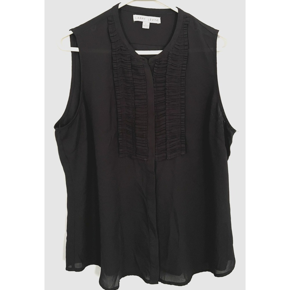 Larry Levine Blouse Womens XL Black Sleeveless Ruffle Pleated Front Sheer Top